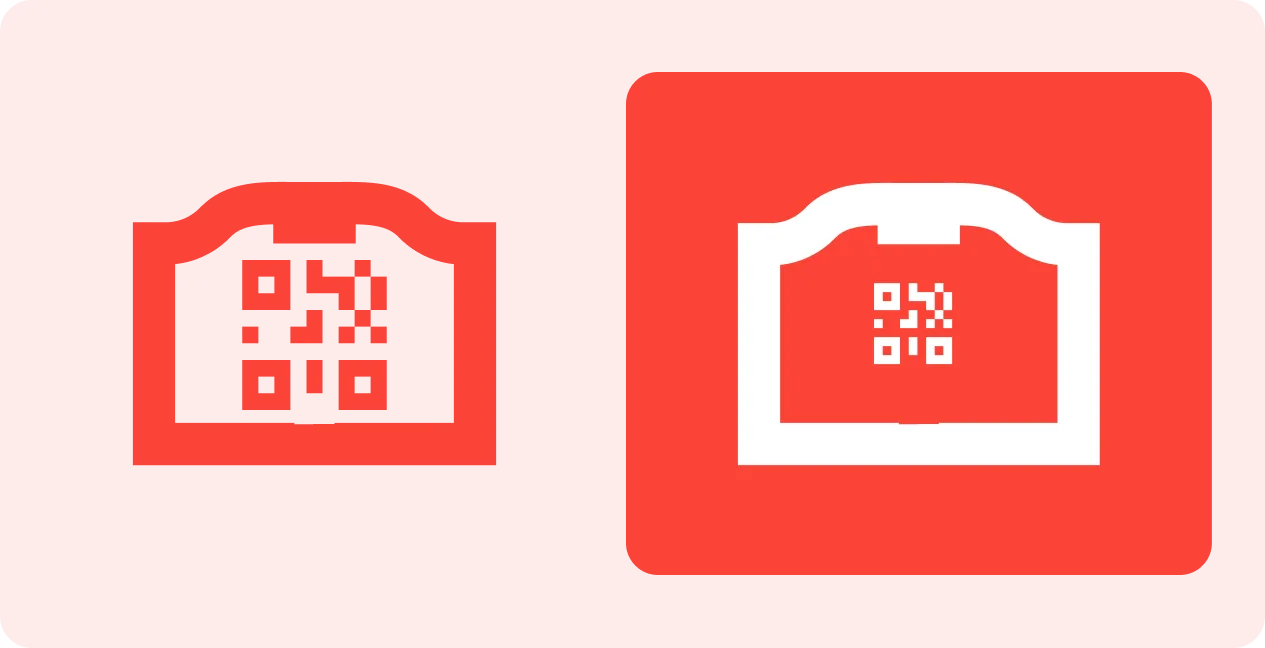 White digital scale icon with a QR code on a red background.