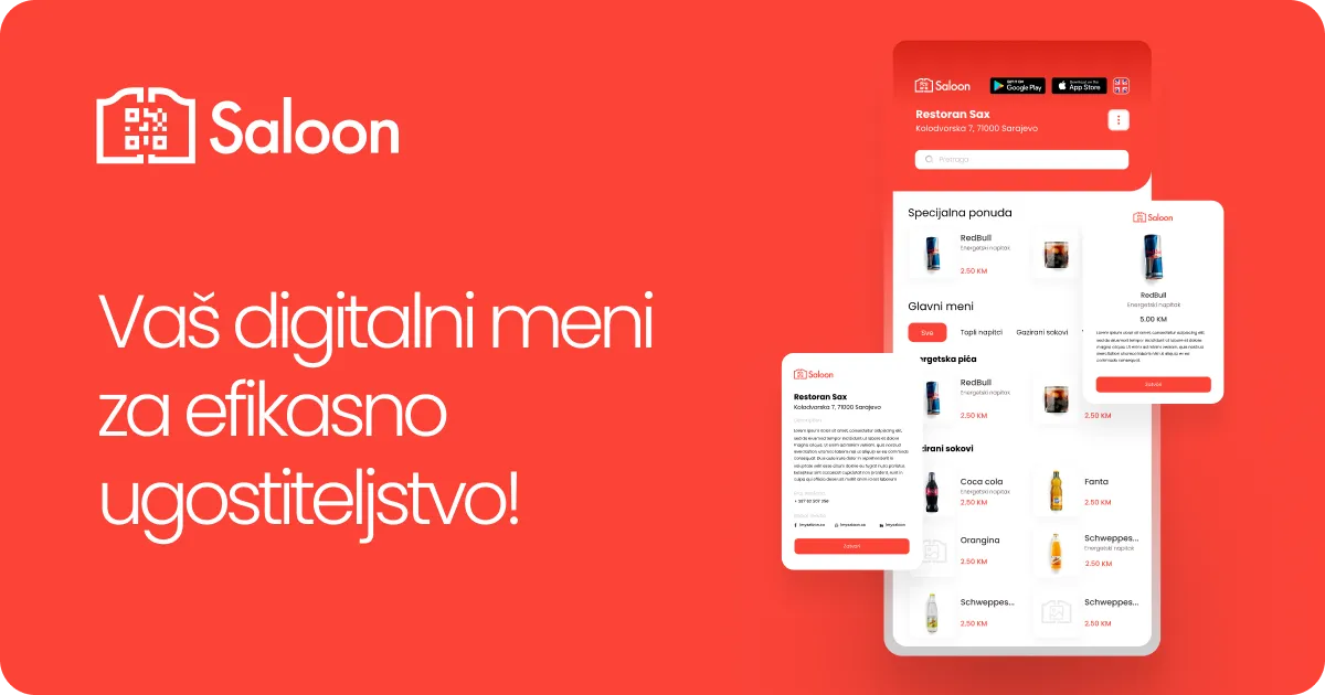 Saloon digital menu interface displaying restaurant details and a list of beverages with prices on a red background.