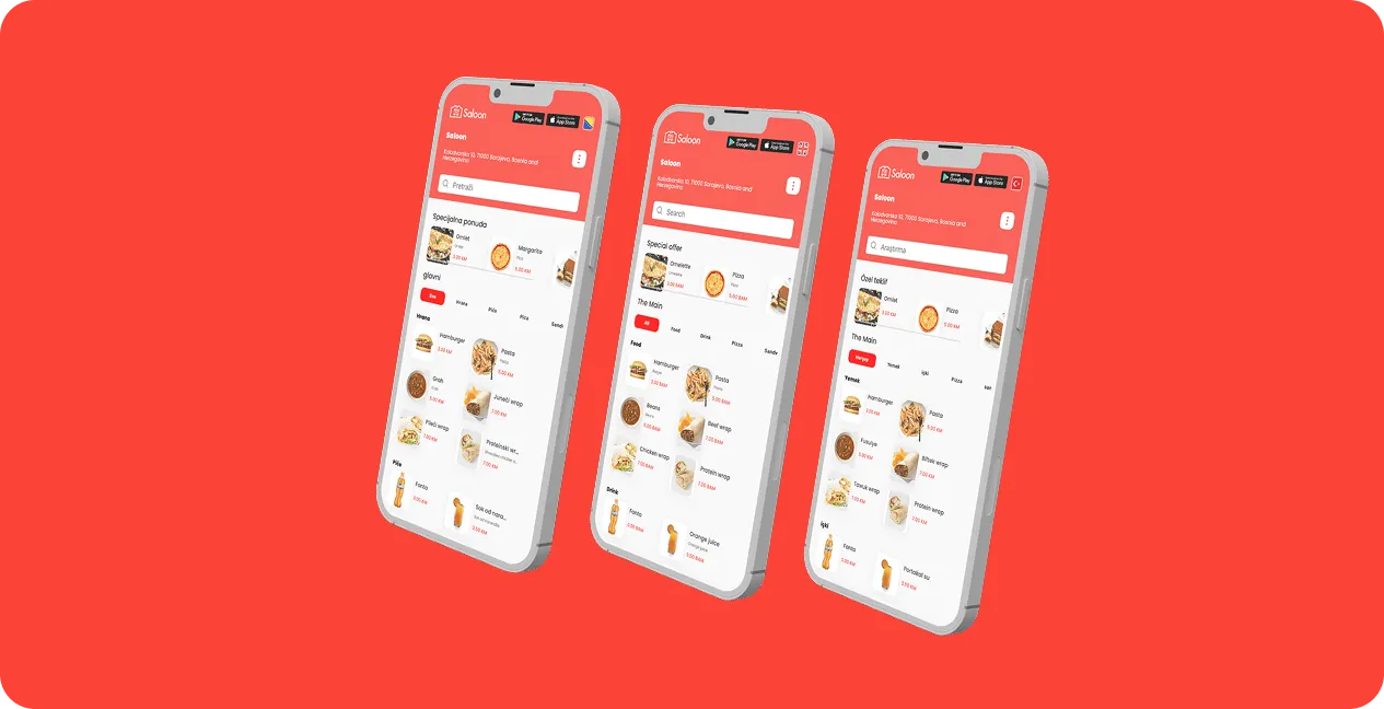Three smartphones side by side showing a food ordering app interface with search bars, categories, and food item images on a red background.
