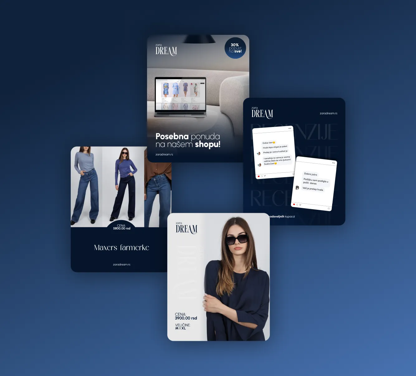 Collage of Zara Dream promotions including jeans priced at 5800 RSD, a woman wearing navy blue with sunglasses, a 30% discount on online shop items, and customer reviews in Serbian.